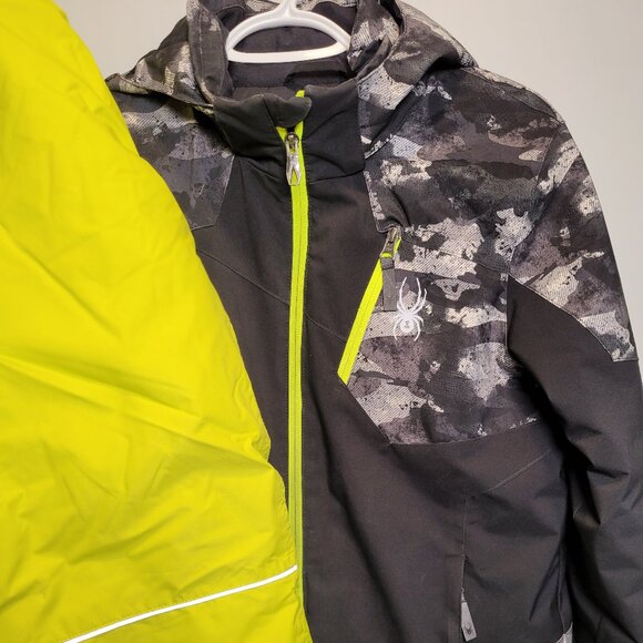 Spyder Kids Ski Jacket – Size 14, Black & Grey Camo with Neon Yellow Details - Picture 3 of 3